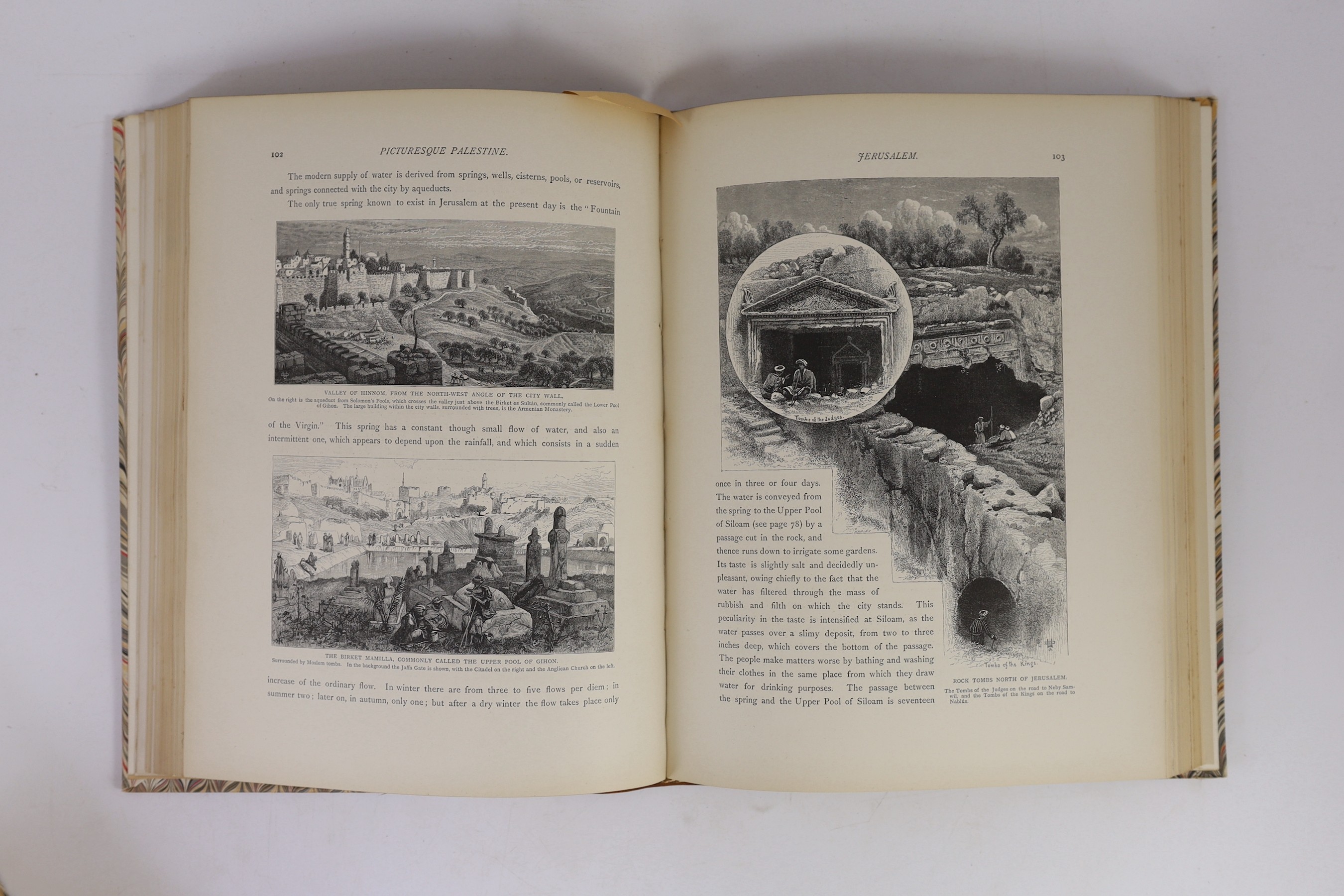 Wilson, Sir Charles (editor) - Picturesque Palestine, Sinai and Egypt. 4 vols. pictorial engraved & printed titles, many illus. throughout (incl. steel-engraved plates), 2 d-page maps; rebound calf backed marbled boards,